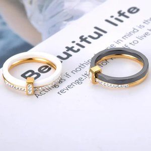 2 Layers Black/White Ceramic Crystal Wedding Rings Jewelry Rose Gold Plated